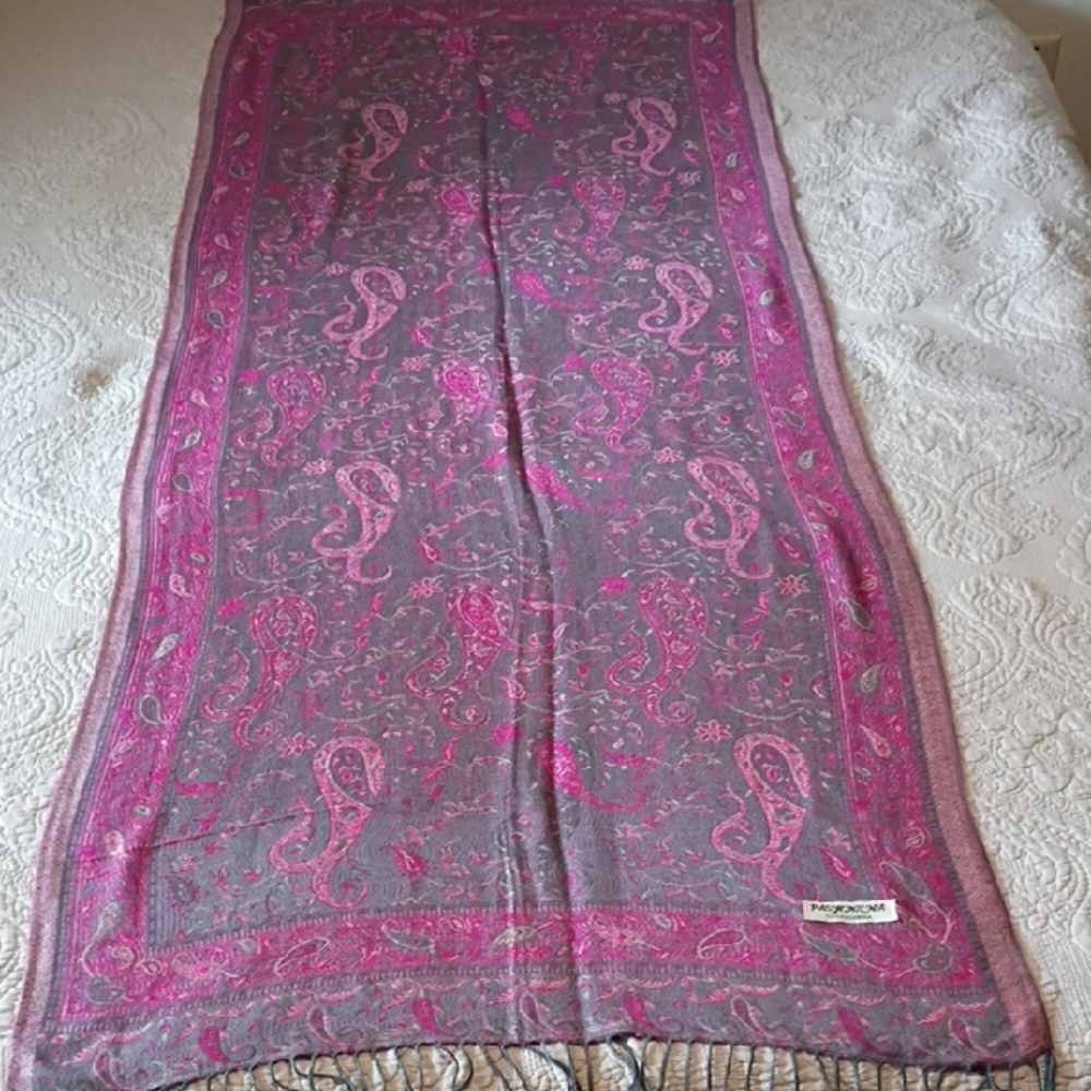 Women's Scarf Pashmina  Paisley Fuchsia and Grey With Tassels,    Large